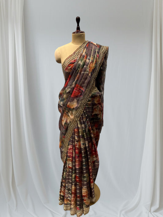 FLORAL PRINT ORGANZA FABRIC SAREE WITH ZARDOZI PEARL WORK