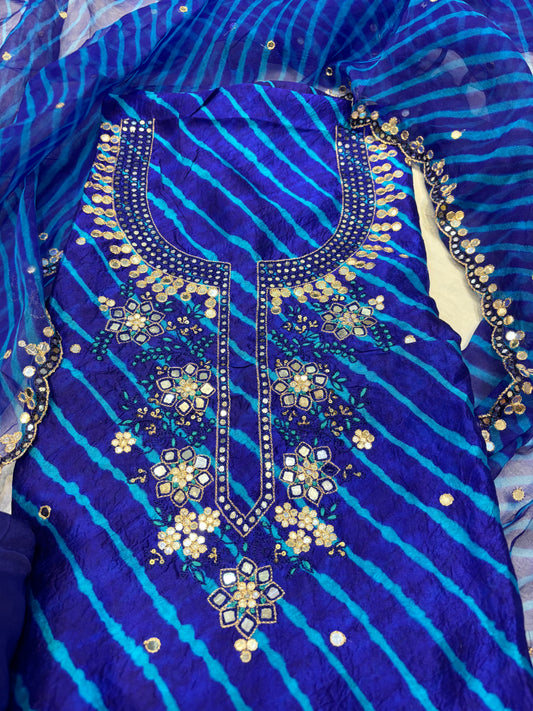 BLUE PURE SILK LEHERIYA UNSTITCHED SUIT WITH ORGANZA DUPATTA & PURE CREPE BOTTOM