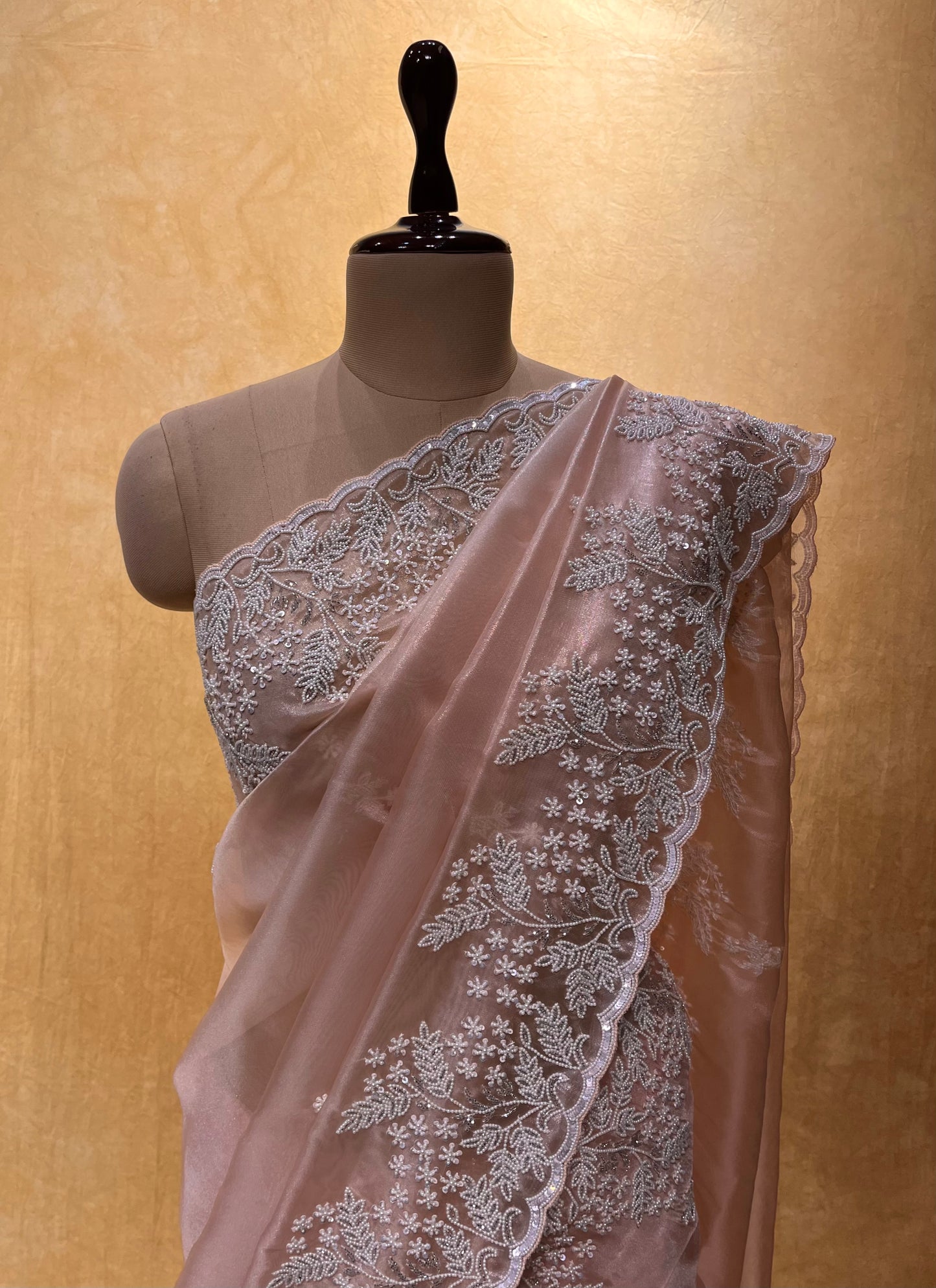 PINK GOLOUR ORGANZA TISSUE HAND EMBROIDERED SAREE EMBELLISHED WITH BEADS, CUTDANA & SEQUINS WORK