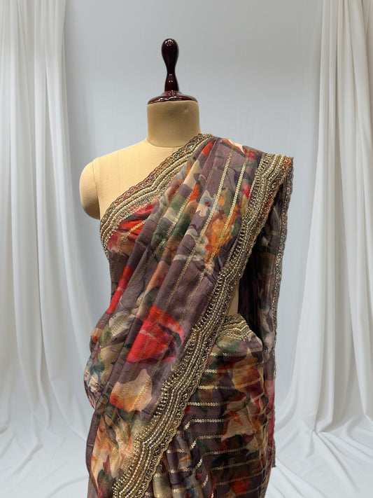 FLORAL PRINT ORGANZA FABRIC SAREE WITH ZARDOZI PEARL WORK