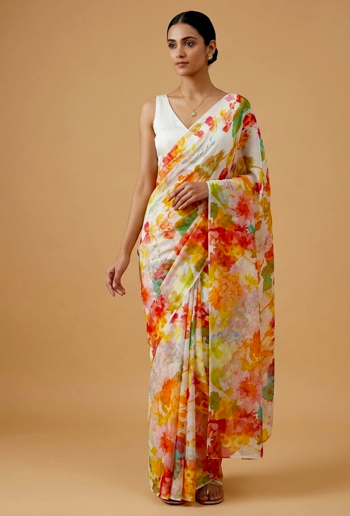 IVORY COLOUR PURE PLATINUM CHIFFON PRINTED SAREE WITH CREPE SILK BLOUSE - Kothari Sons
