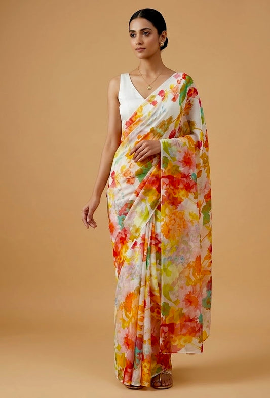 IVORY COLOUR PURE PLATINUM CHIFFON PRINTED SAREE WITH CREPE SILK BLOUSE - Kothari Sons