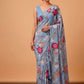 DUSTY BLUE COLOUR PURE PLATINUM CHIFFON FLORAL PRINTED SAREE WITH CREPE SILK BLOUSE - Kothari Sons