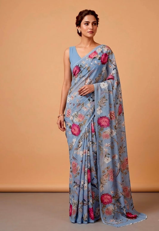 DUSTY BLUE COLOUR PURE PLATINUM CHIFFON FLORAL PRINTED SAREE WITH CREPE SILK BLOUSE - Kothari Sons