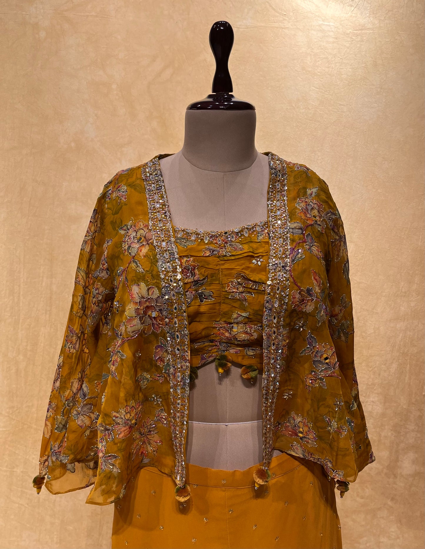 MUSTARD COLOUR GEORGETTE INDOWESTERN PALAZZO PANT WITH CROP TOP & JACKET EMBELLISHED WITH SEQUINS & BEADS WORK