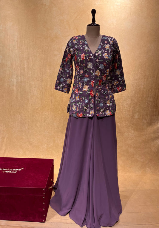 PURPLE COLOUR GEORGETTE INDOWESTERN PALAZZO PANT WITH EMBROIDERED JACKET EMBELLISHED WITH RESHAM EMBROIDERY