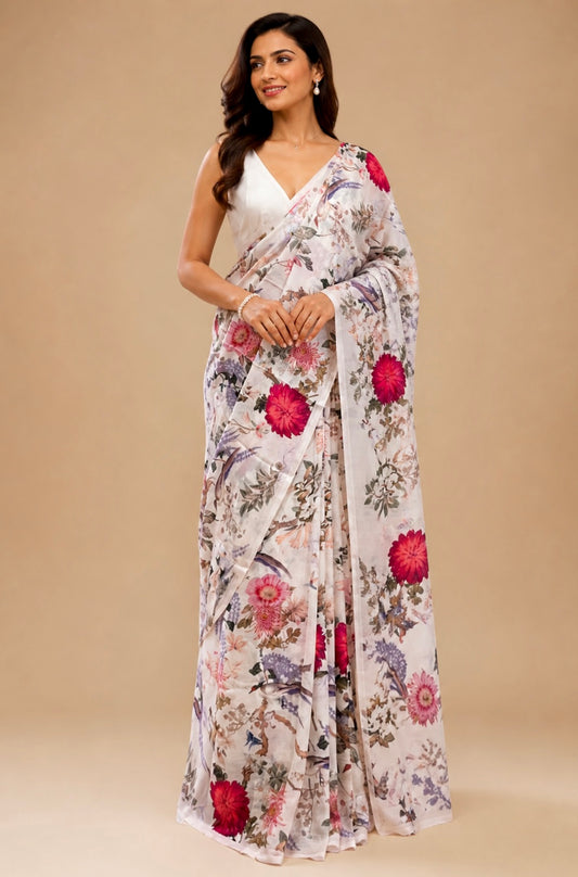 WHITE COLOUR PURE PLATINUM CHIFFON FLORAL PRONTED SAREE WITH CREPE SILK BLOUSE - Kothari Sons