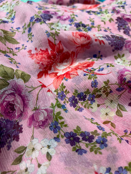 PINK COLOUR PURE PLATINUM CHIFFON FLORAL PRINTED SAREE WITH CREPE SILK BLOUSE - Kothari Sons