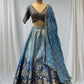 BLUE SHADED BANARASI SILK LEHENGA WITH V-NECK EMBROIDERED BLOUSE & CHIFFON EMBROIDERED DUPATTA