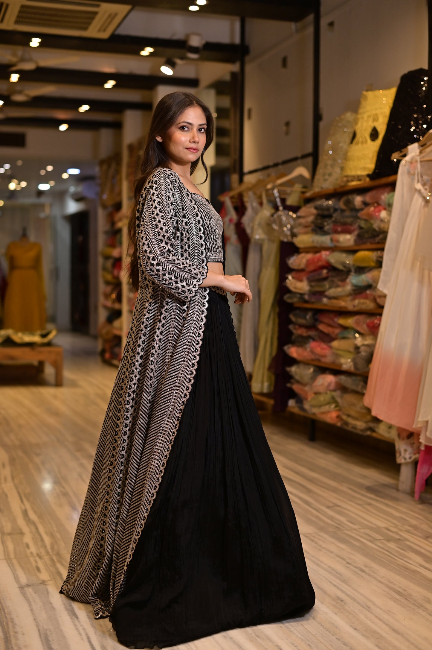 ( DELIVERY IN 25 DAYS ) BLACK COLOR SKIRT WITH CROP TOP & EMBROIDERED SHRUG EMBELLISHED WITH SEQUINS & RESHAM EMBROIDERY