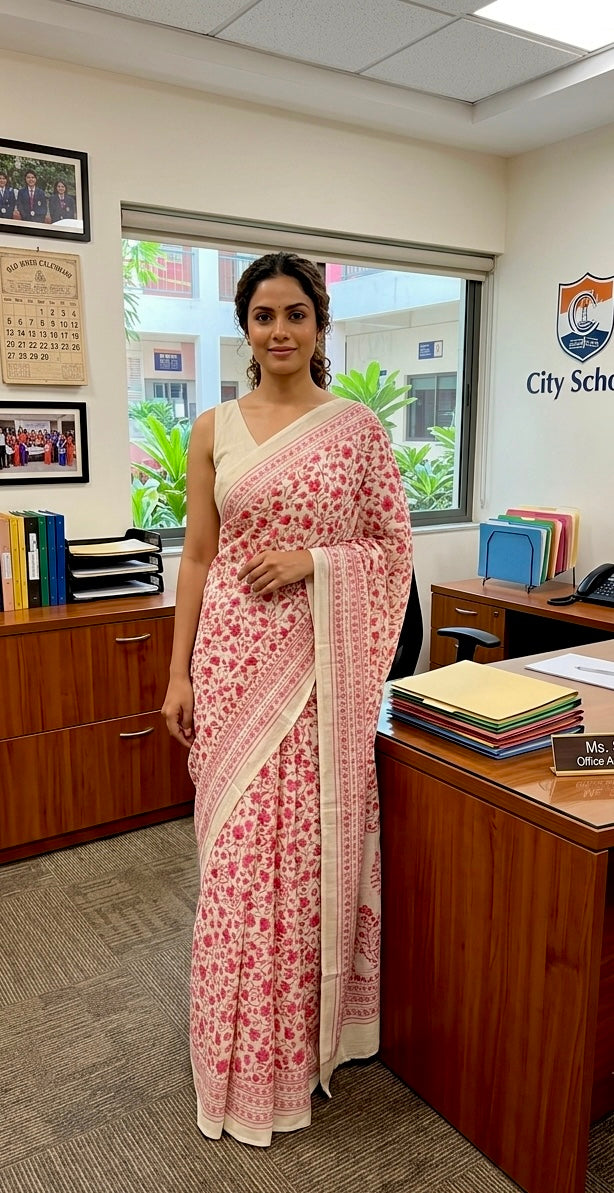 IVORY COLOUR PRINTED SYNTHETIC SAREE WITH UNSTITCHED BLOUSE FOR DRESS CODE