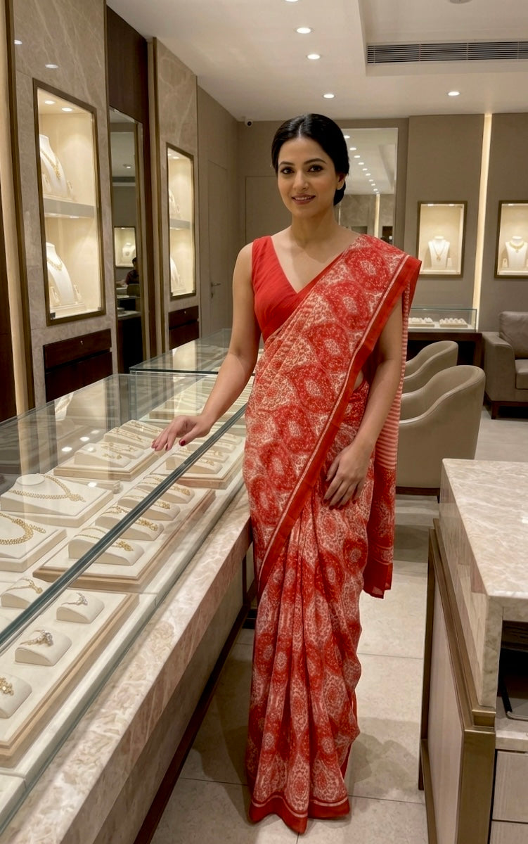 PEACH COLOUR PRINTED SYNTHETIC SAREE WITH UNSTITCHED BLOUSE FOR DRESS CODE - Kothari Sons