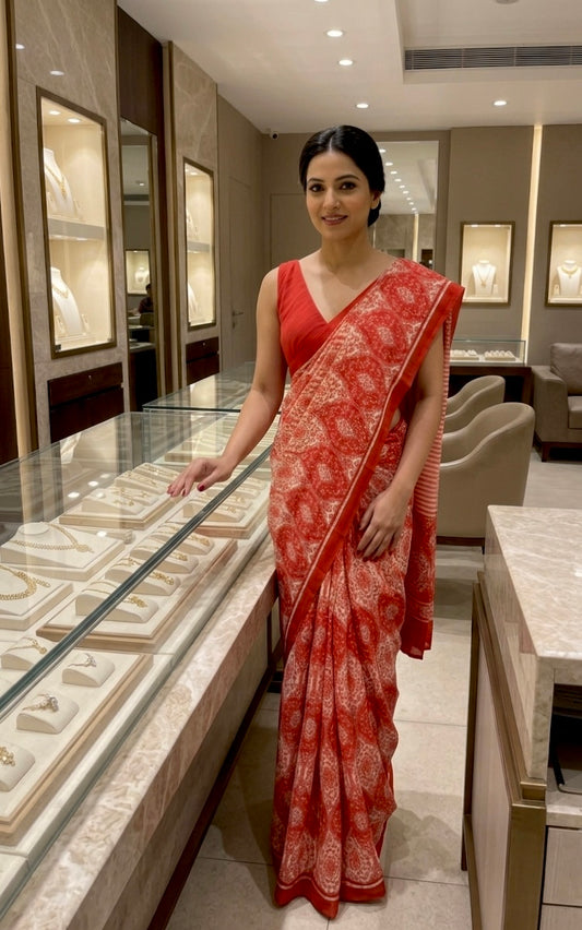 PEACH COLOUR PRINTED SYNTHETIC SAREE WITH UNSTITCHED BLOUSE FOR DRESS CODE