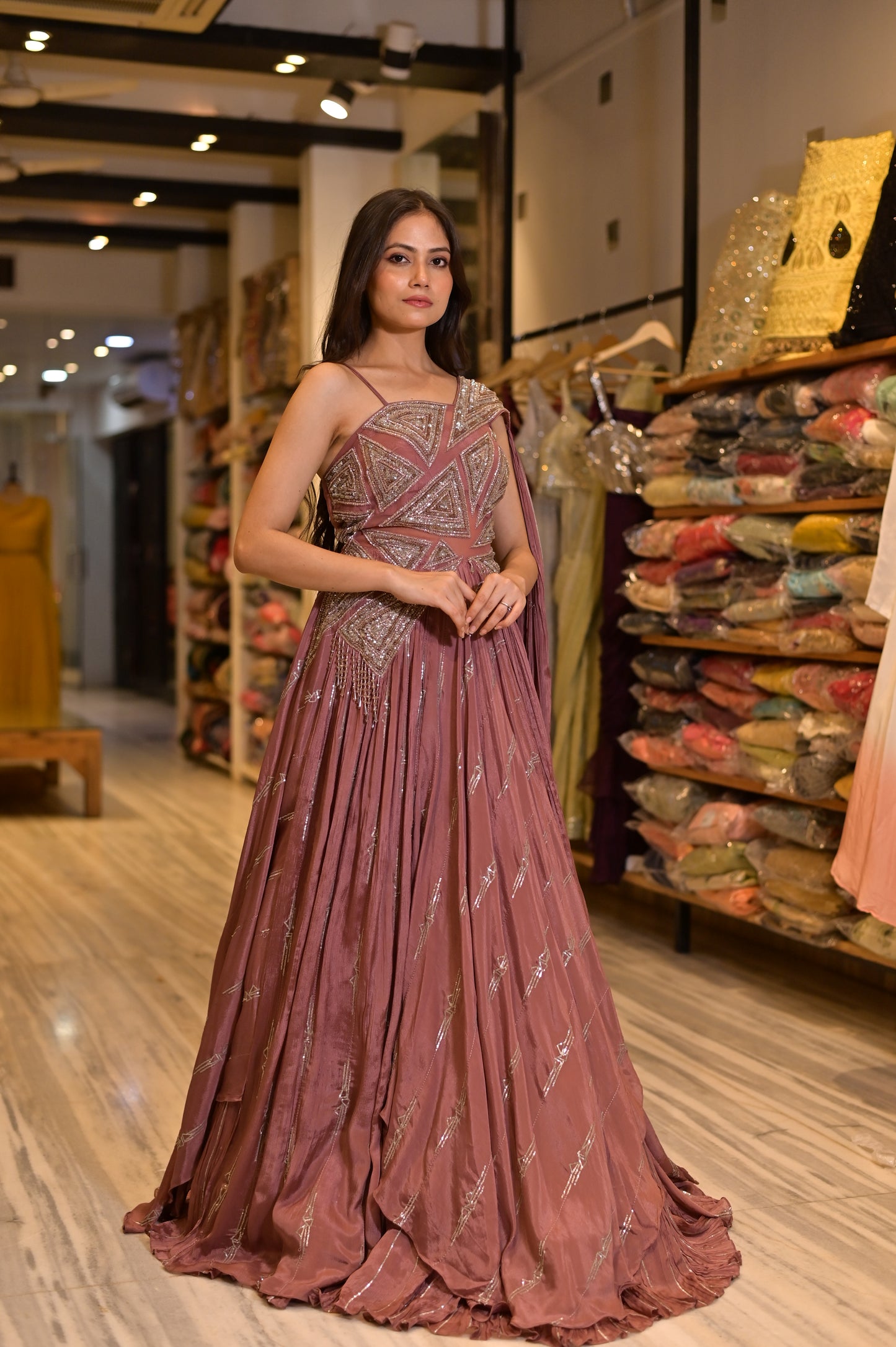 ( DELIVERY IN 25 DAYS ) RUST PINK COLOUR CHINON EMBROIDERED GOWN EMBELLISHED WITH SEQUINS & BEADS WORK