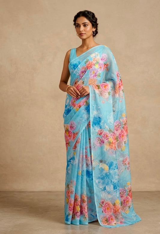SKY BLUE COLOUR PURE PLATINUM CHIFFON FLORAL PRINTED SAREE WITH SELF PRINTED CREPE SILK BLOUSE - Kothari Sons