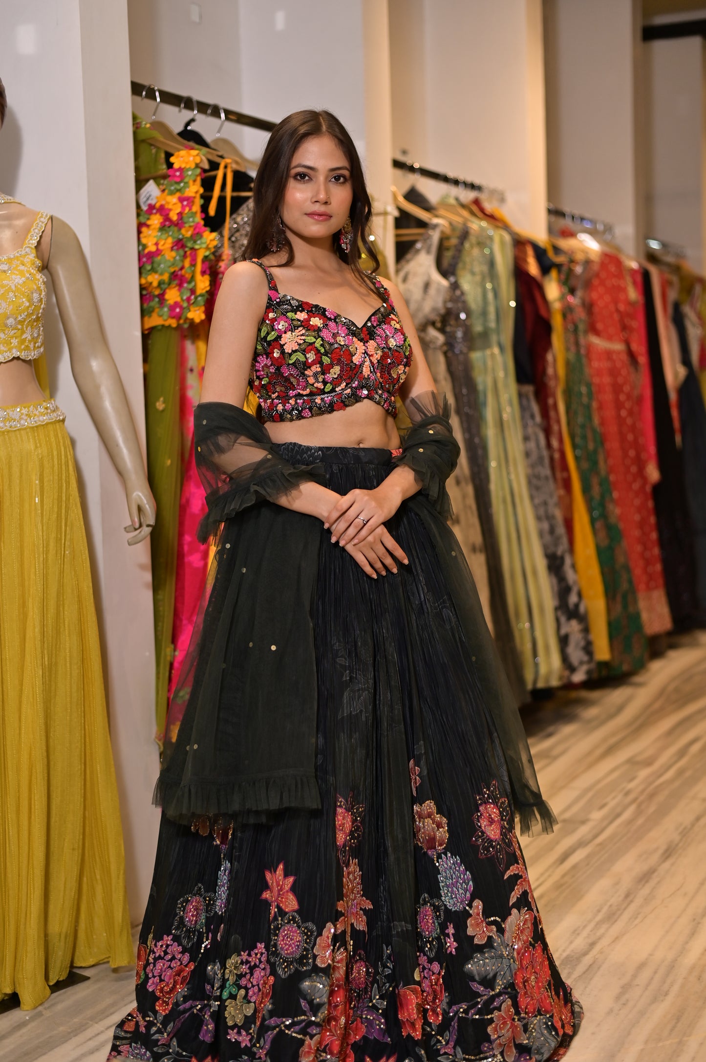 GREY COLOUR LEHENGA WITH EMBROIDERED CROP TOP BLOUSE & NET DUPATTA EMBELLISHED WITH CUTDANA & SEQUINS WORK