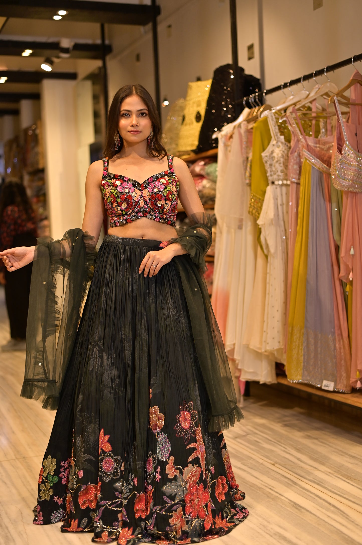 GREY COLOUR LEHENGA WITH EMBROIDERED CROP TOP BLOUSE & NET DUPATTA EMBELLISHED WITH CUTDANA & SEQUINS WORK