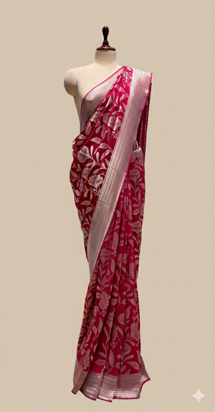 BERRY COLOUR SILVER ZARI WEAVED GEORGETTE KHADDI SAREE WITH PLAIN BLOUSE AND BORDER - Kothari Sons