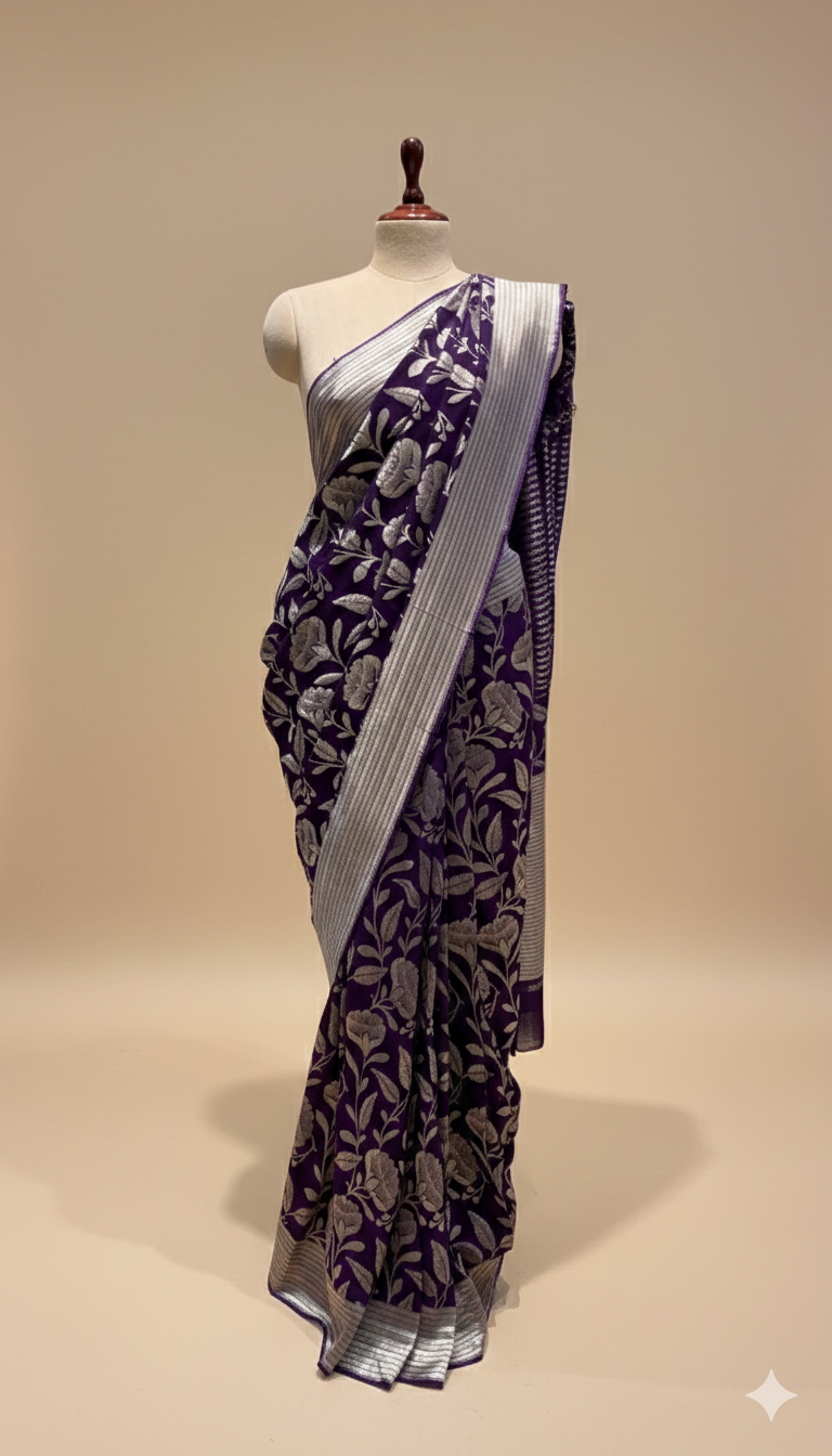 PURPLE COLOUR SILVER ZARI WEAVED GEORGETTE KHADDI SAREE WITH PLAIN BLOUSE AND BOREDR - Kothari Sons