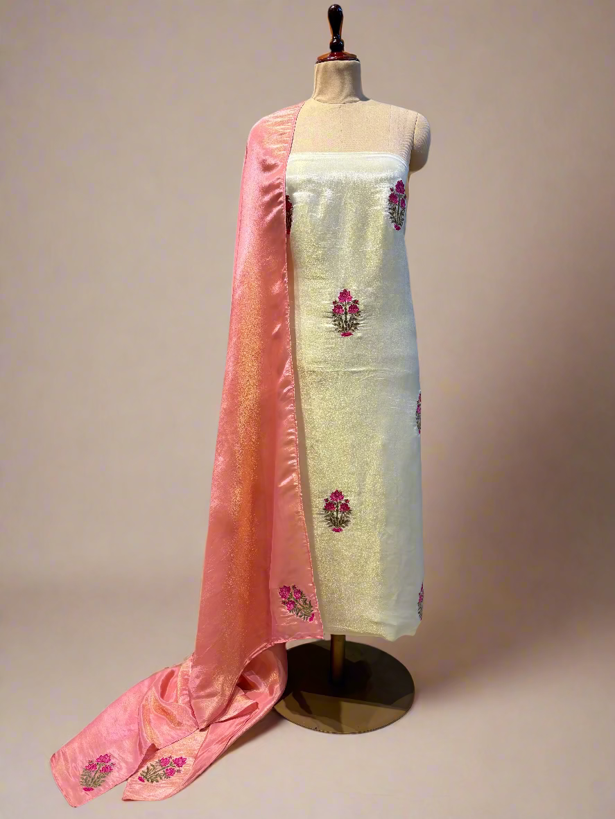 OFF-WHITE GOLD GEORGETTE TISSUE UNSTITCHED SUIT WITH MUGHAL EMBROIDERY & PEACH DUPATTA