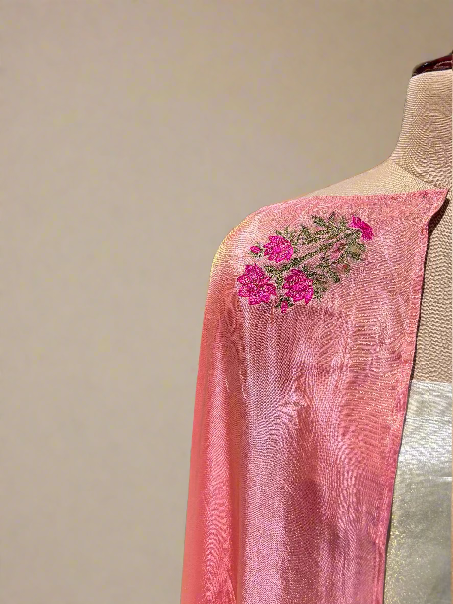 OFF-WHITE GOLD GEORGETTE TISSUE UNSTITCHED SUIT WITH MUGHAL EMBROIDERY & PEACH DUPATTA