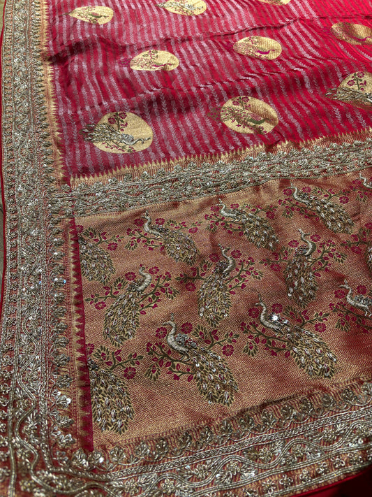 RED CREPE TISSUE BRIDAL SAREE WITH ZARDOZI BORDER AND PEACOCK MOTIFS