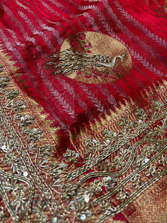 RED CREPE TISSUE BRIDAL SAREE WITH ZARDOZI BORDER AND PEACOCK MOTIFS