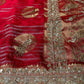 (Deliver in 20 Days) RED CREPE TISSUE BRIDAL SAREE WITH ZARDOZI BORDER AND PEACOCK MOTIFS