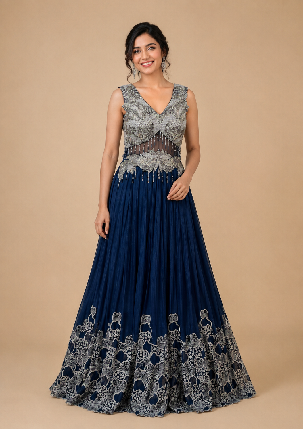 BLUE COLOUR CHINON HAND EMBROIDERED GOWN EMBELLISHED EITH BEADS WORK
