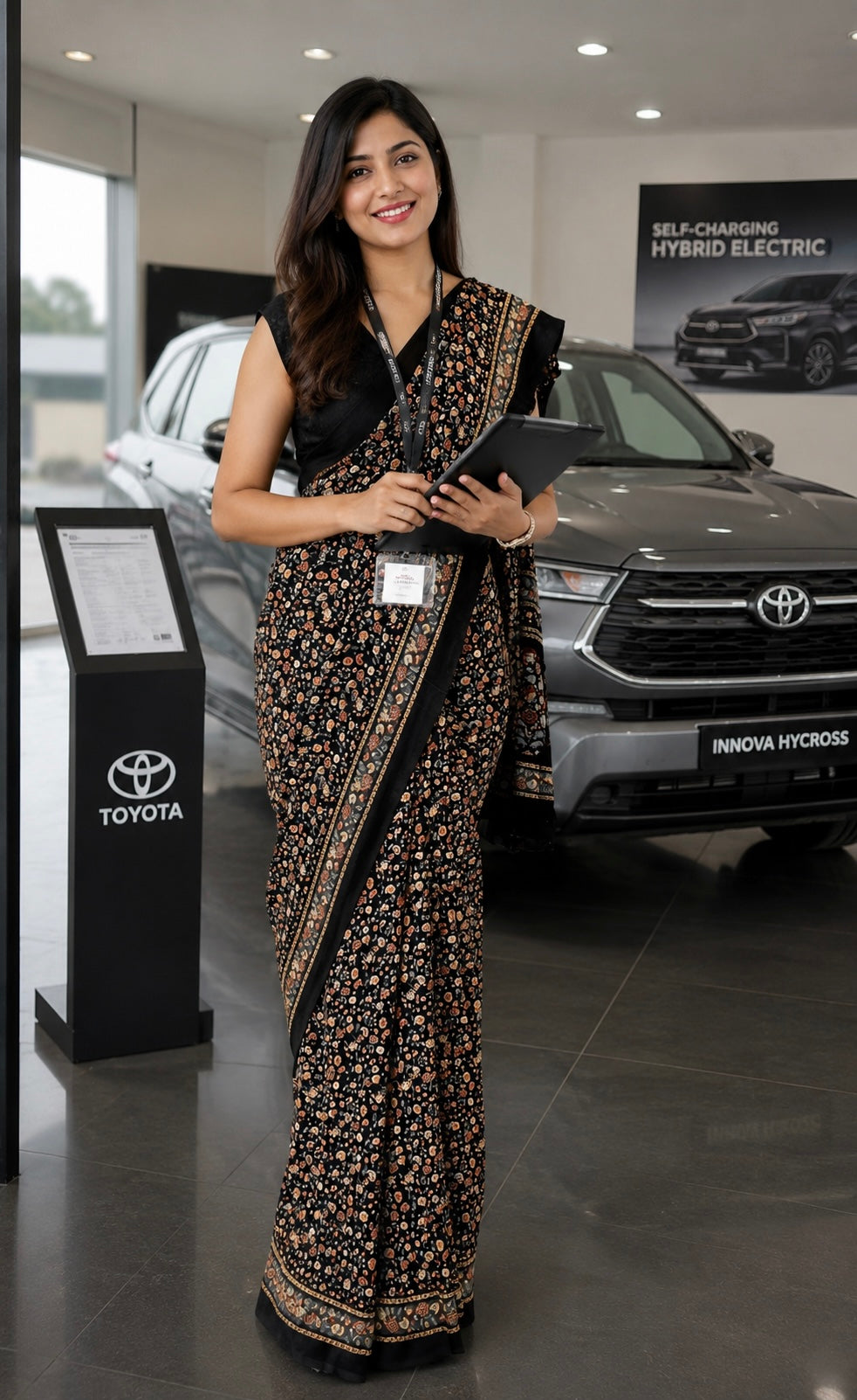 BLACK COLOUR PRINTED SYNTHETIC SAREE WITH UNSTITCHED BLOUSE FOR DRESS CODE - Kothari Sons