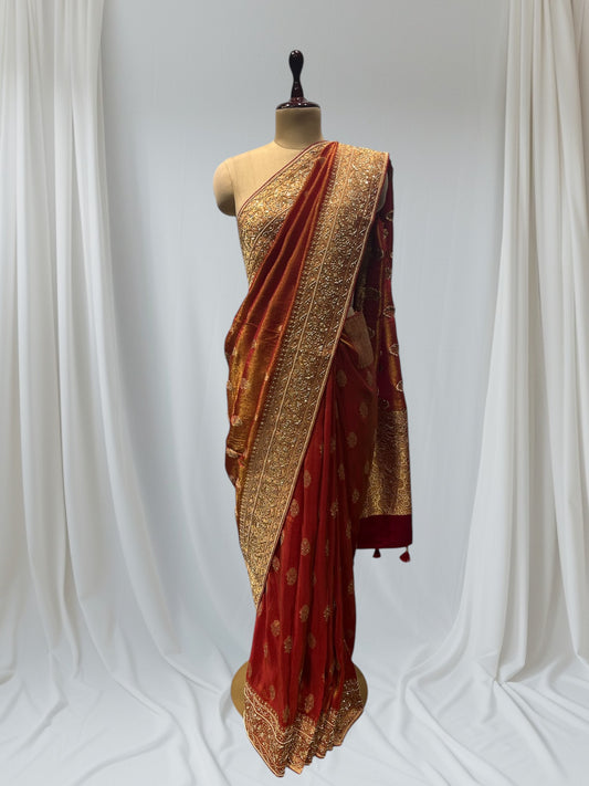 RUST COLOR BANARASI  SAREE EMBELLISHED WITH ZARDOZI EMBROIDERY, SEQUINS & PEARL WORK