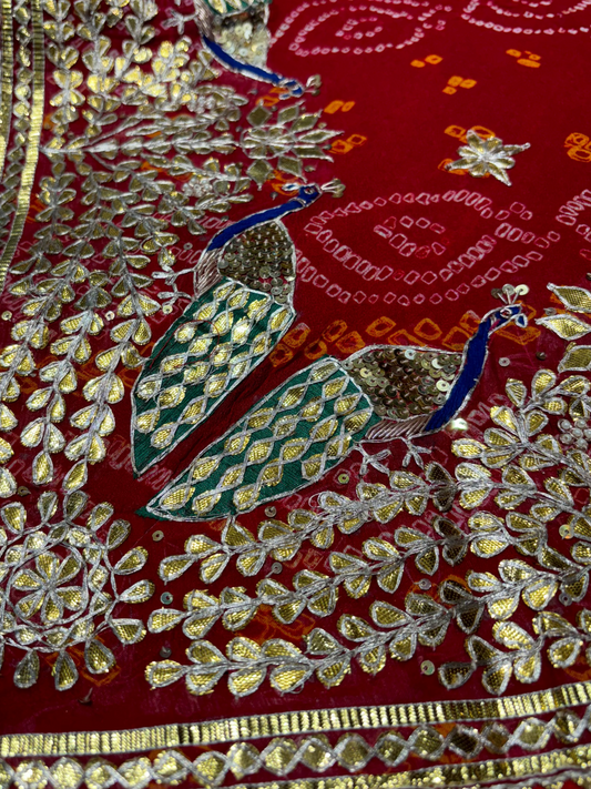 RED PURE OJARIYA BANDHANI SAREE WITH GOTA PATTI AND ZARDOZI EMBROIDERED BORDER