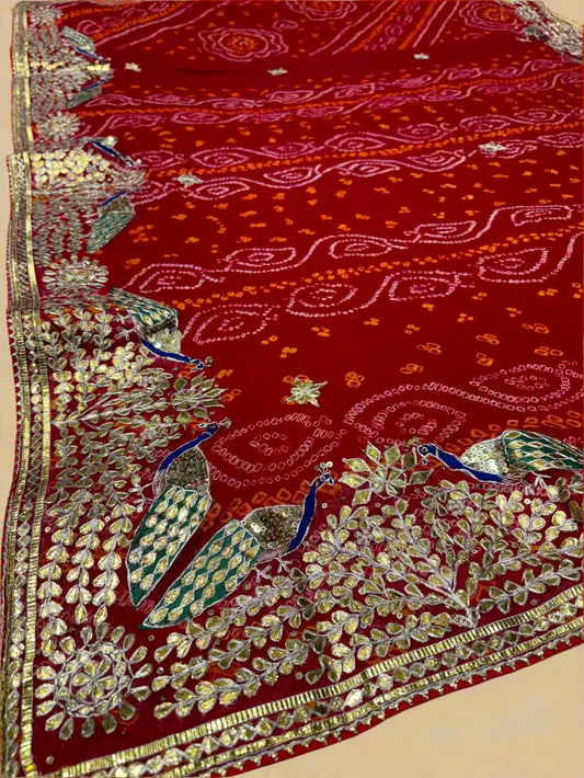 RED PURE OJARIYA BANDHANI SAREE WITH GOTA PATTI AND ZARDOZI EMBROIDERED BORDER