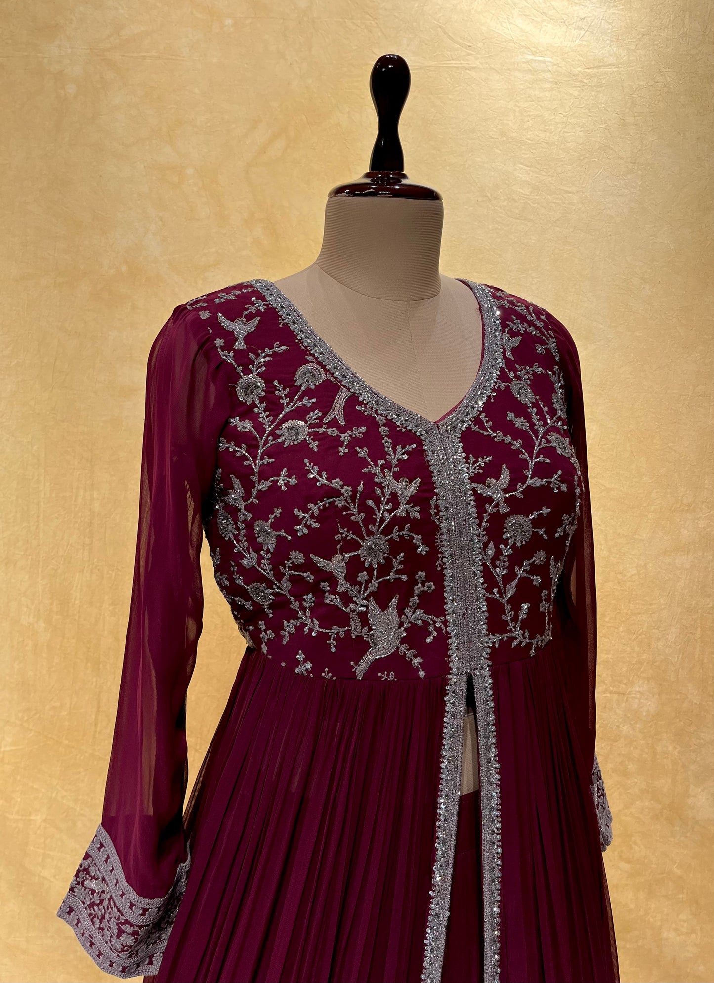 WINE COLOUR INDOWESTERN GEORGETTE SKIRT WITH EMBROIDERED SHRUG EMBELLISHED WITH CUTDANA & RESHAM WORK