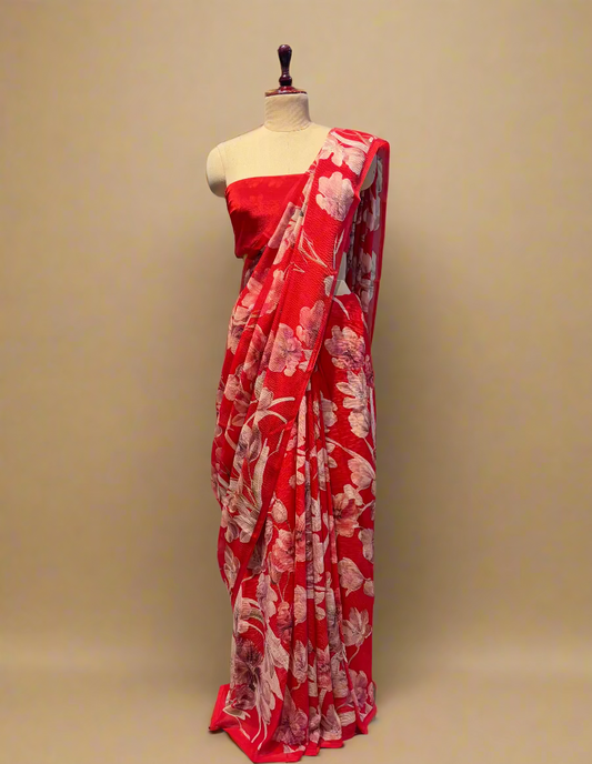 RED PURE PLATINUM CHIFFON SAREE WITH SELF PRINTED CREPE BLOUSE
