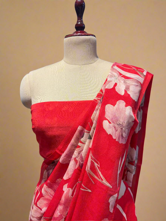 RED PURE PLATINUM CHIFFON SAREE WITH SELF PRINTED CREPE BLOUSE