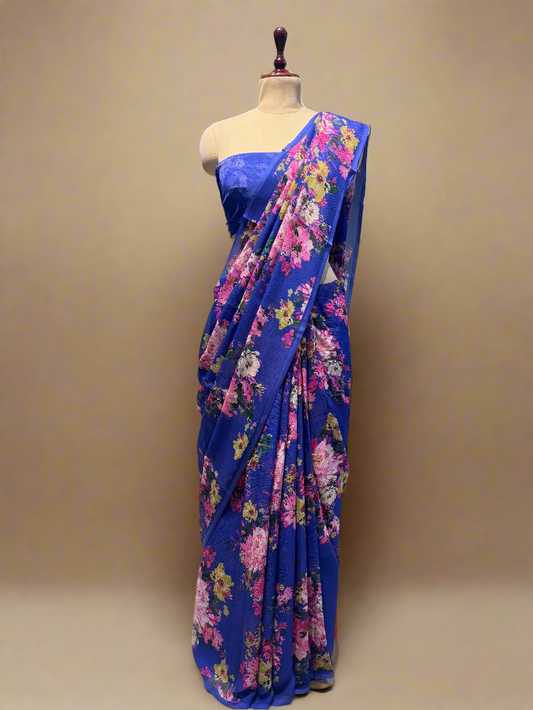 ELECTRIC PERIWINKLE COLOUR PURE PLATINUM CHIFFON SAREE WITH SELF PRINTED CREPE BLOUSE