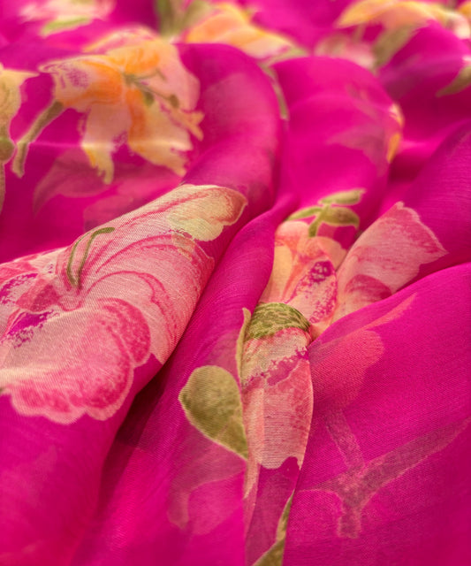 ( DELIVERY IN 20 DAYS ) BERRY COLOUR PRINTED CHIFFON SAREE