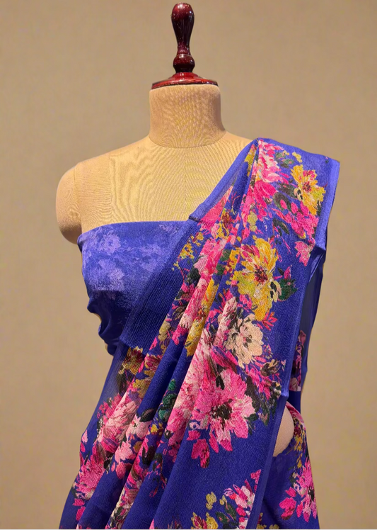 ELECTRIC PERIWINKLE COLOUR PURE PLATINUM CHIFFON SAREE WITH SELF PRINTED CREPE BLOUSE