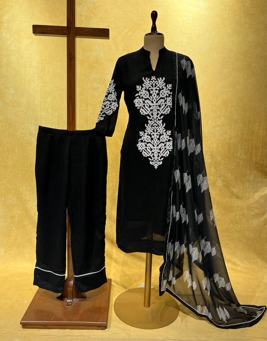 BLACK COLOUR SILK READYMADE SUIT WITH GEORGETTE DUPATTA EMBELLISHED WITH APPLIQUE WORK