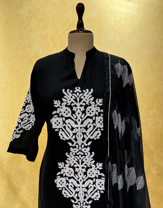 BLACK COLOUR SILK READYMADE SUIT WITH GEORGETTE DUPATTA EMBELLISHED WITH APPLIQUE WORK