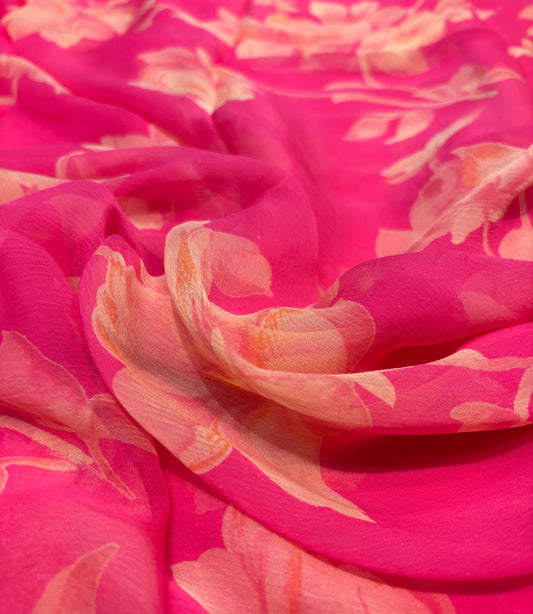 RASPBERRY SORBET COLOUR PRINTED CHIFFON SAREE WITH CREPE BLOUSE