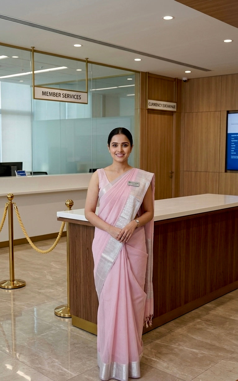 PINK COLOUR CHECK MAHESHWARI SAREE WITH BORDER & UNSTITCHED BLOUSE