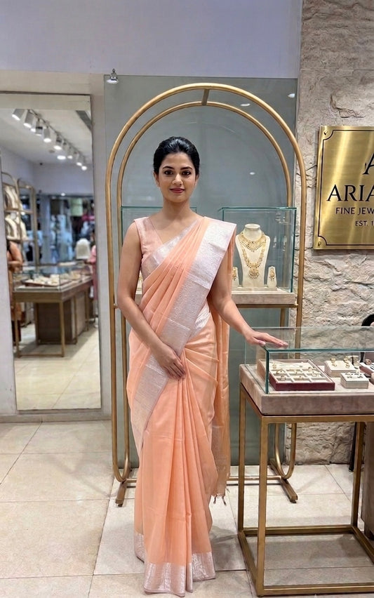 PEACH COLOUR CHECK MAHESHWARI SAREE WITH BORDER & UNSTITCHED BLOUSE