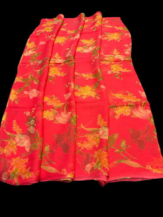 CORAL COLOUR PRINTED CHIFFON SAREE WITH CREPE BLOUSE