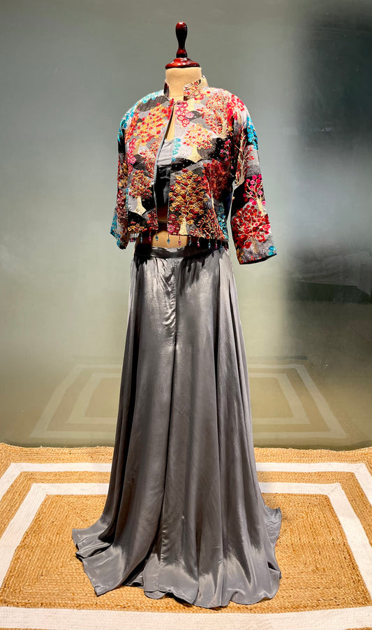 GREY COLOUR CREPE SILK PALAZZO PANT WITH CROP TOP & EMBROIDERED JACKET EMBELLISHED WITH CUTDANA WORK