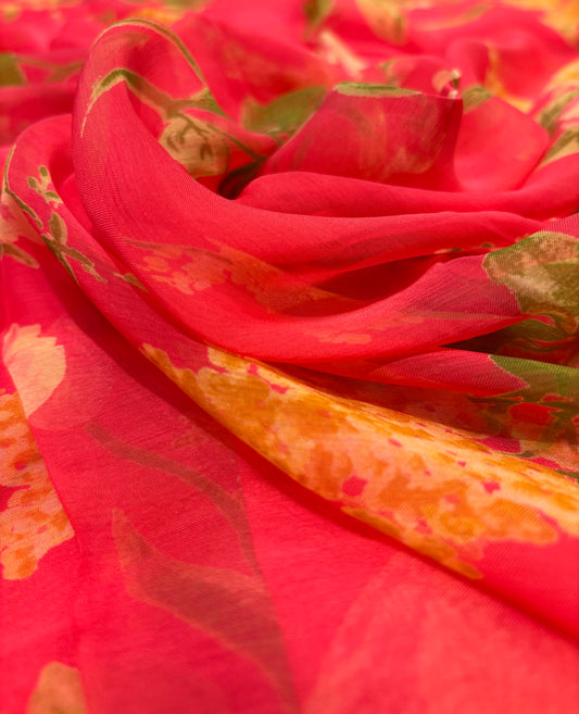 CORAL COLOUR PRINTED CHIFFON SAREE WITH CREPE BLOUSE