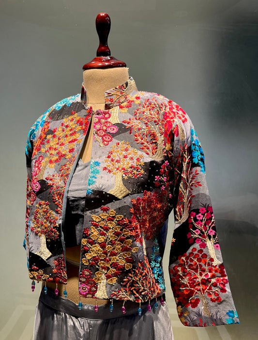 GREY COLOUR CREPE SILK PALAZZO PANT WITH CROP TOP & EMBROIDERED JACKET EMBELLISHED WITH CUTDANA WORK