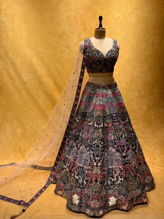 (DELIVERY IN 20-25 DAYS) BRIDESMAIDS READYMADE BLUE COLOUR SILK LEHENGA WITH CROP TOP BLOUSE & NET DUPATTA EMBELLISHED WITH SEQUINS & MIRROR WORK