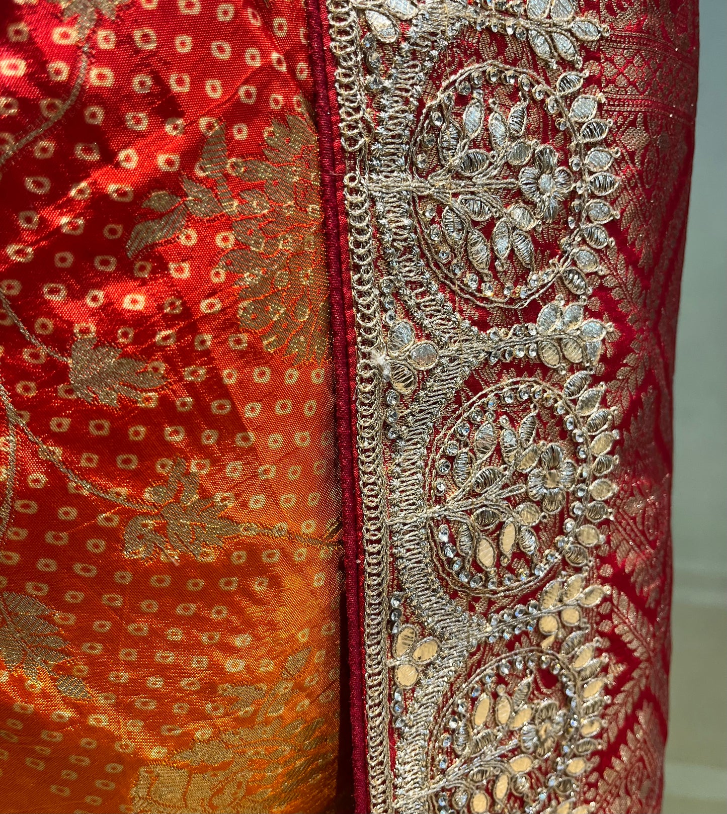 YELLOW & RED SHADED BANDHANI DOLA SILK EMBROIDERED SAREE EMBELLISHED WITH GOTA PATTI & STONE WORK